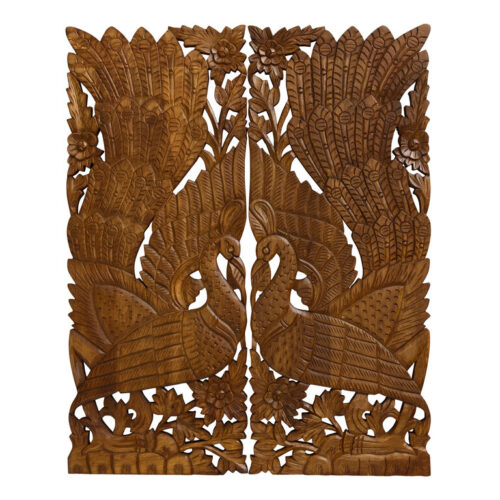 Brown Carved Wood Peacock Panel Wall Decor 2 Piece