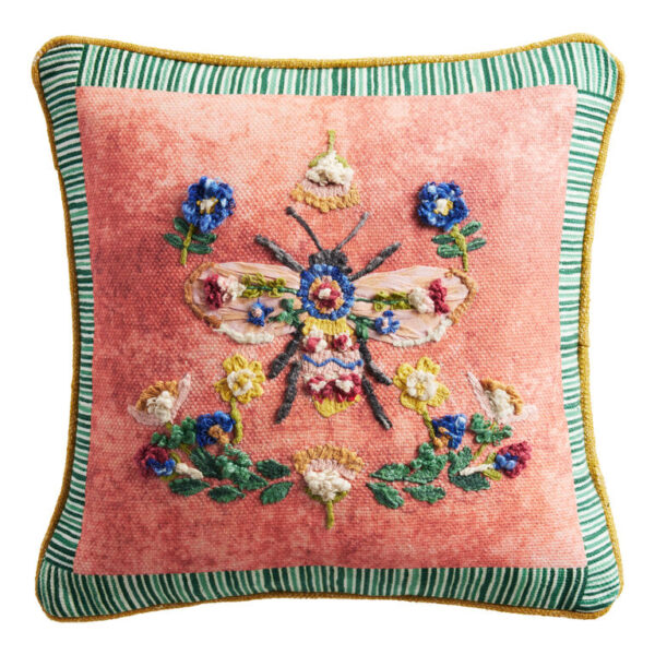 Coral Embroidered Floral Bee Throw Pillow