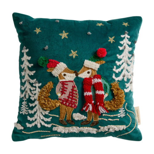 Dark Teal Velvet Winter Foxes Embroidered Throw Pillow