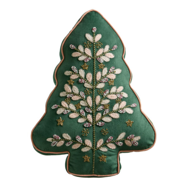Green and Pink Embroidered Beaded Tree Shaped Throw Pillow