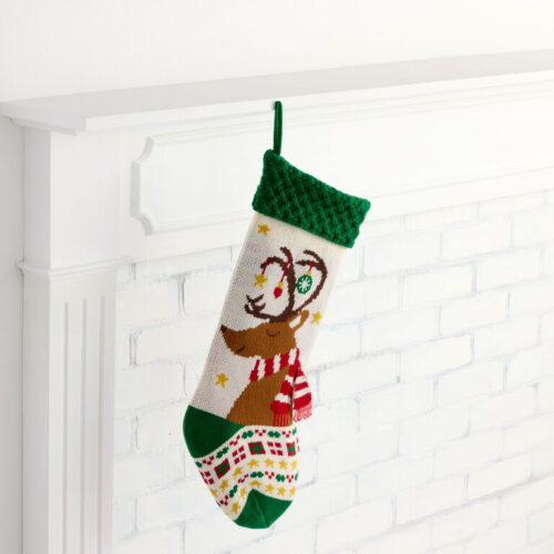 Green and White Knit Reindeer Christmas Stocking