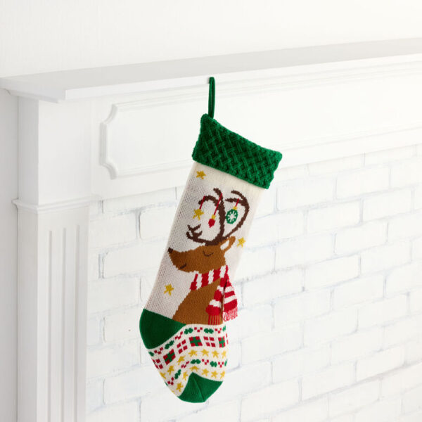 Green and White Knit Reindeer Christmas Stocking