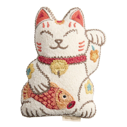 Ivory and Red Embroidered Lucky Cat Shaped Throw Pillow