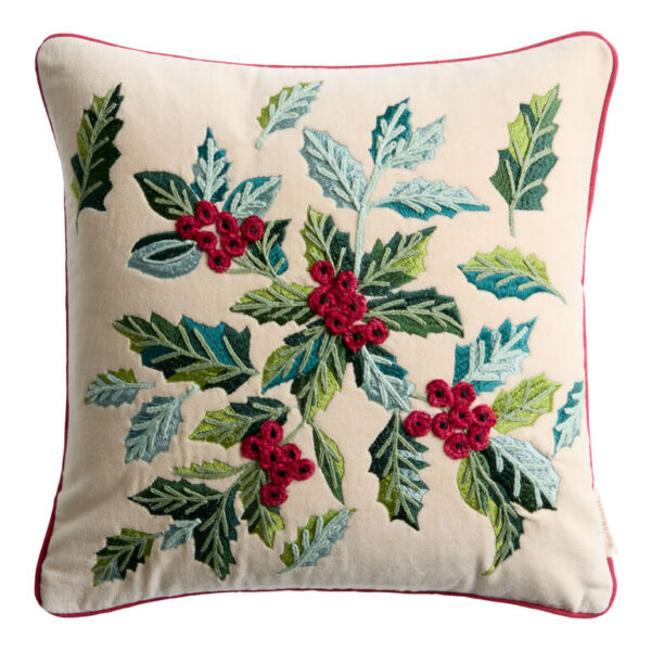 Ivory Velvet and Green Holly Throw Pillow