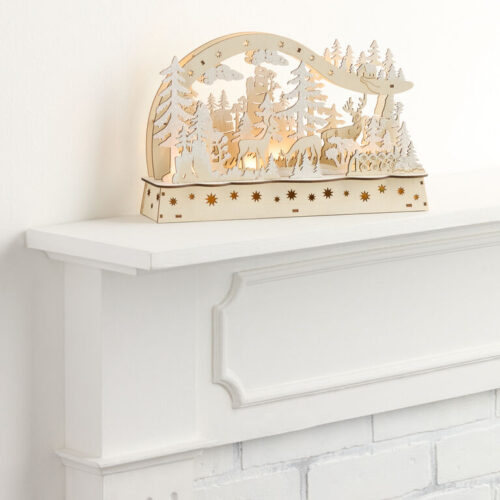 Laser Cut Wood Deer Winterscape LED Light Up Decor