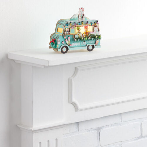 Laser Cut Wood Holiday Boba Cat Truck LED Light Up Decor