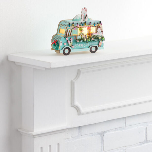 Laser Cut Wood Holiday Boba Cat Truck LED Light Up Decor