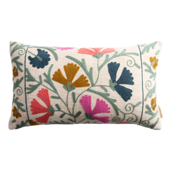 Multicolor Scrolling Flowers Embroidered Lumbar Pillow