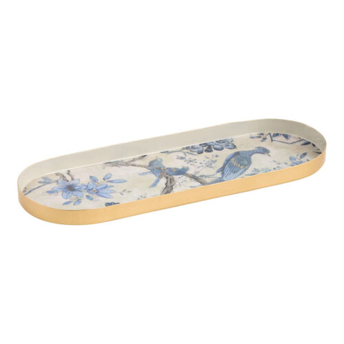 Oval Enameled Metal Chinoiserie Bird Decorative Vanity Tray