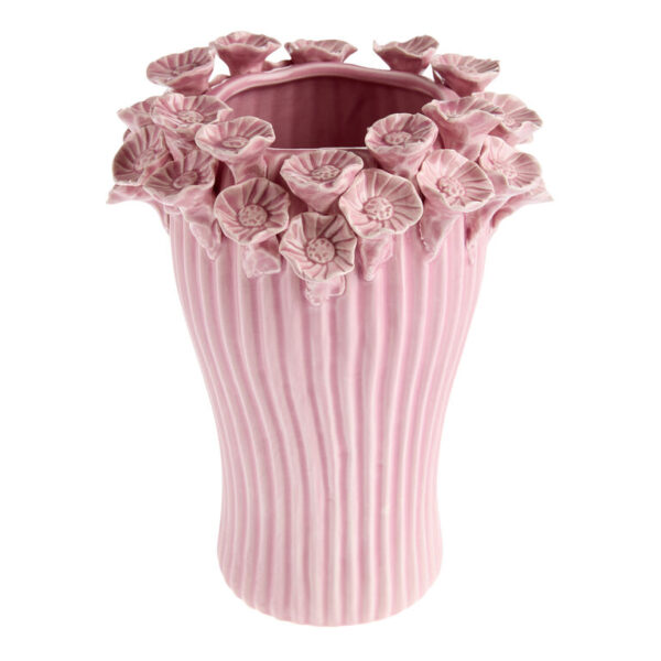Pink Ceramic Flower Rim Ribbed Vase