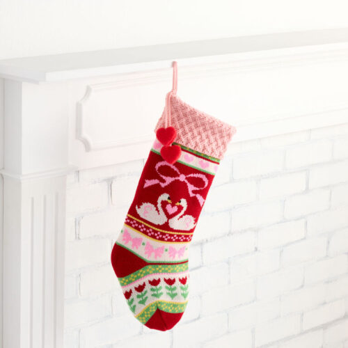 Pink Knit Swans and Hearts Christmas Stocking