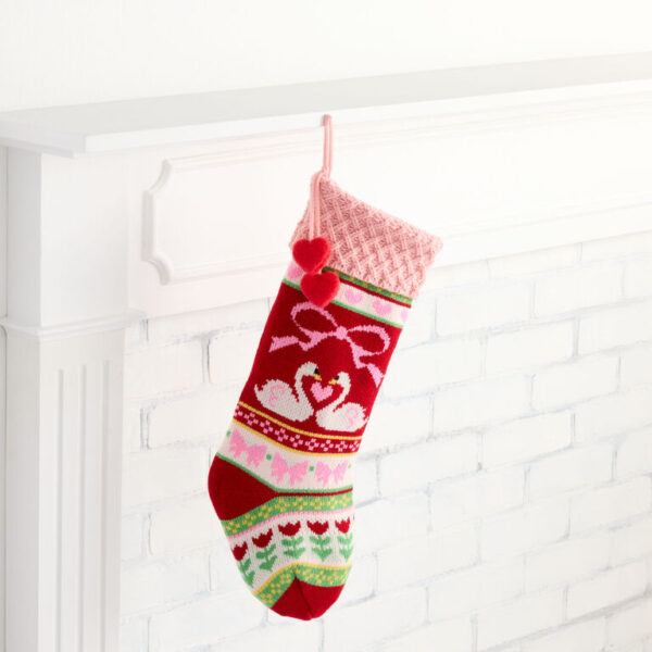 Pink Knit Swans and Hearts Christmas Stocking