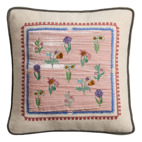 Pink Velvet Ditsy Flower Embroidered Throw Pillow