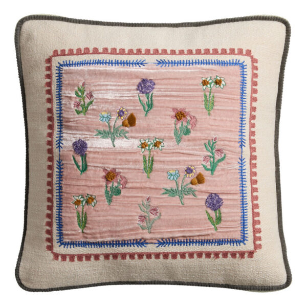 Pink Velvet Ditsy Flower Embroidered Throw Pillow