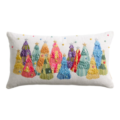Rainbow Holiday Trees Embroidered Lumbar Pillow