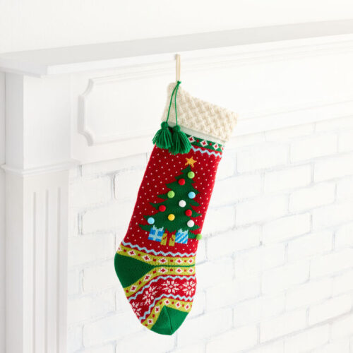 Red and Green Knit Pom Pom Tree Christmas Stocking