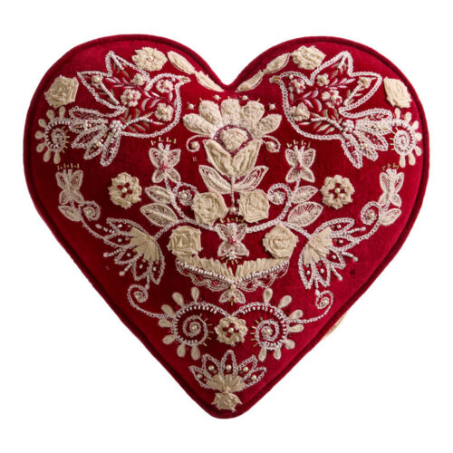 Red and White Scandi Embroidered Heart Shaped Pillow