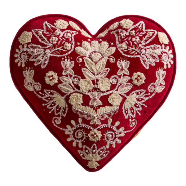 Red and White Scandi Embroidered Heart Shaped Pillow