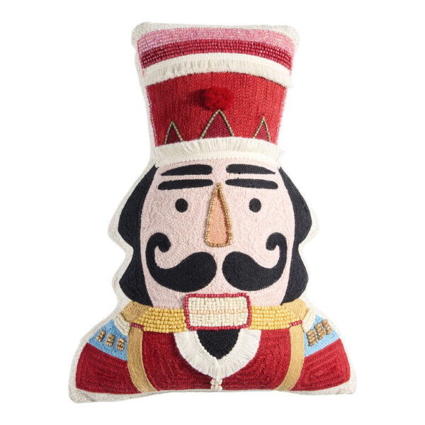 Red Embroidered Beaded Nutcracker Shaped Throw Pillow
