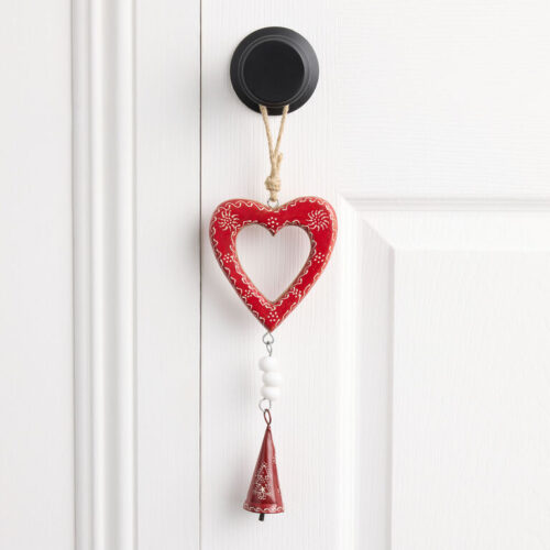 Red Metal Bell and Wood Heart Hanging Decor
