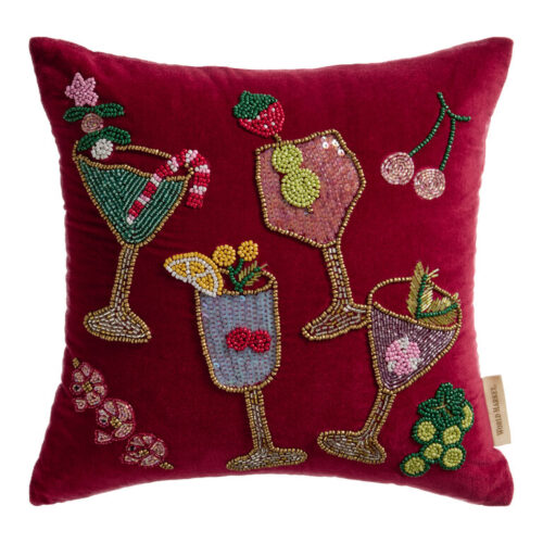 Red Velvet Sequin Beaded Cocktails Throw Pillow
