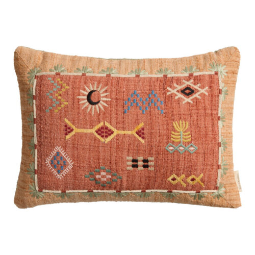 Rust Embroidered Symbols Indoor Outdoor Lumbar Pillow