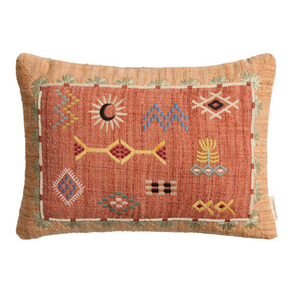 Rust Embroidered Symbols Indoor Outdoor Lumbar Pillow