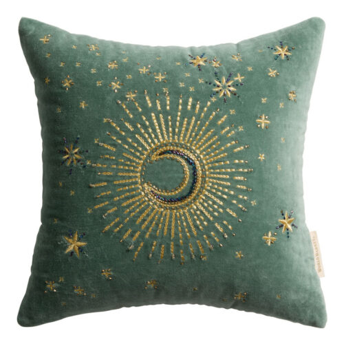 Sage Green Velvet Moon Beaded Throw Pillow