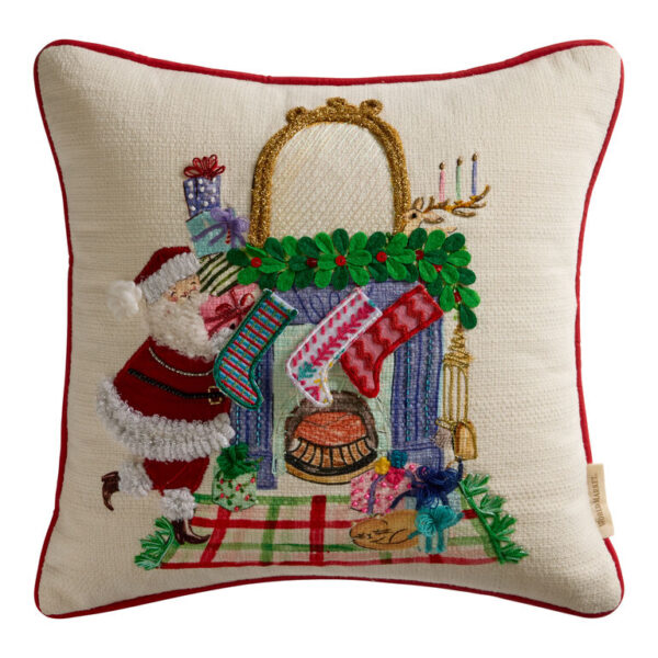 Santa Fireplace Scene Embroidered Beaded Throw Pillow