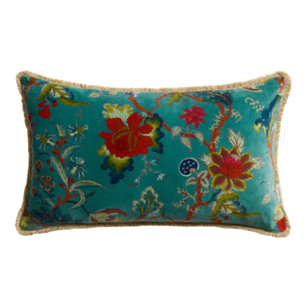 Teal Velvet Floral Fringe Lumbar Pillow