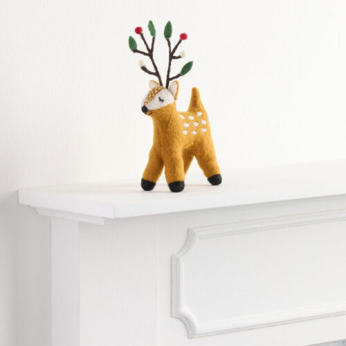 Wool Deer with Holly Antlers Decor