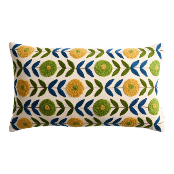 Yellow and Green Modern Flower Embroidered Lumbar Pillow
