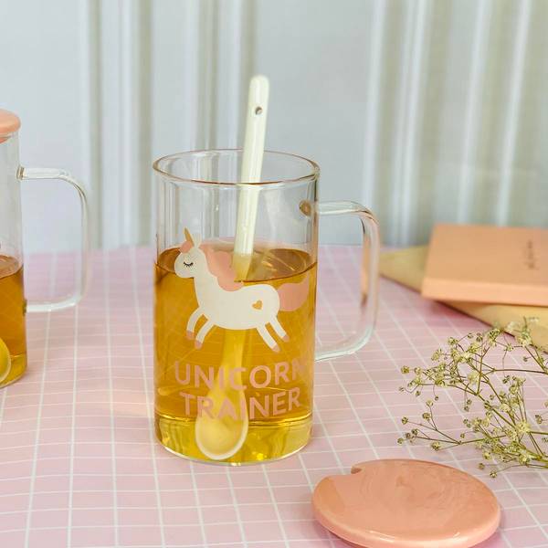 Coffee Mug With Lid And Spoon - Transparent - Unicorn - Pink - Single Piece Coffee Mug With Lid And Spoon - Transparent - Unicorn - Pink - Single Piece