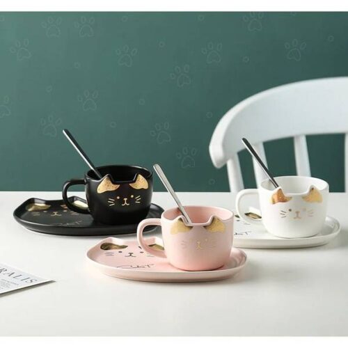 Coffee Mug With Saucer - Cat - Gold Foil - Ceramic - Single Piece Coffee Mug With Saucer - Cat - Gold Foil - Ceramic - Single Piece