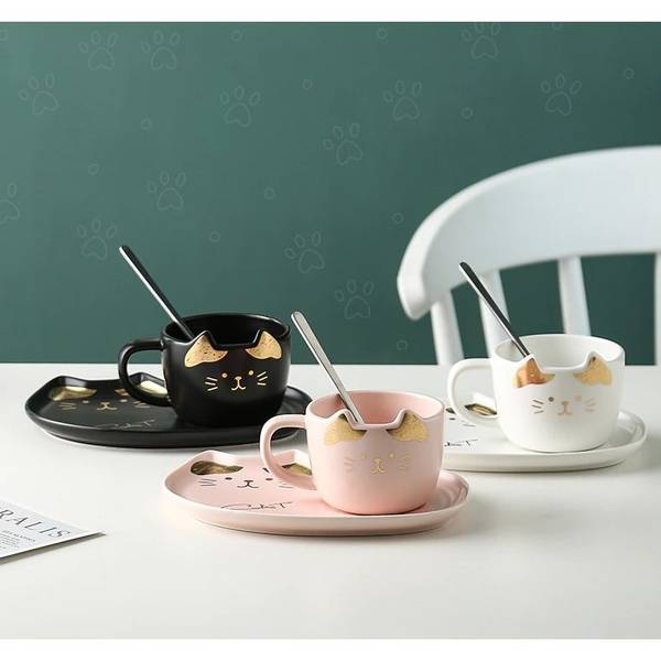 Coffee Mug With Saucer - Cat - Gold Foil - Ceramic - Single Piece Coffee Mug With Saucer - Cat - Gold Foil - Ceramic - Single Piece